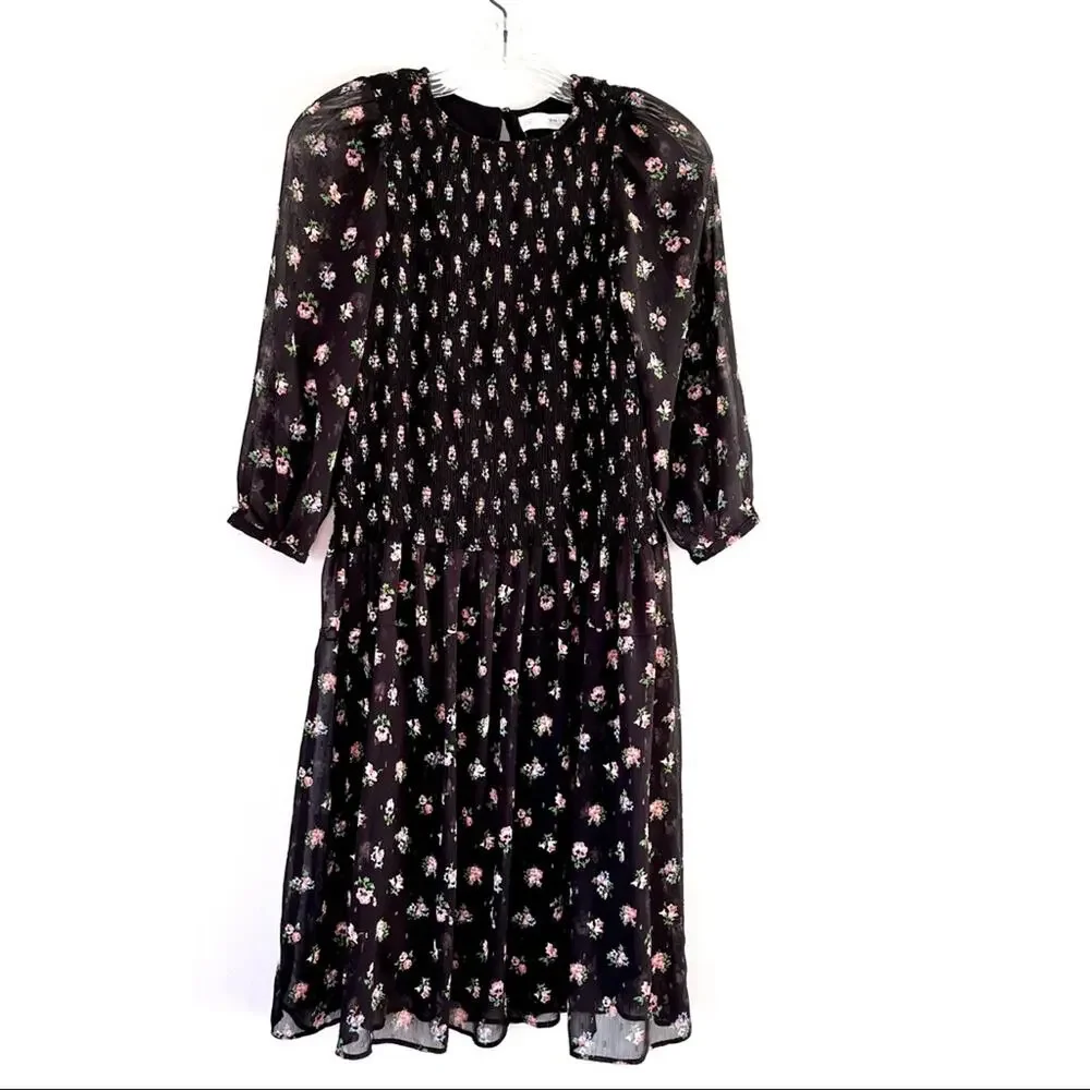 Zara Girls Smocked Black Floral Tulle Dress - Size 11/12